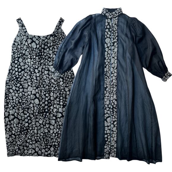 Vintage 1980s Beaded Silk Evening Dress and Organza Coat Outfit Size XXL Black - Picture 6 of 16